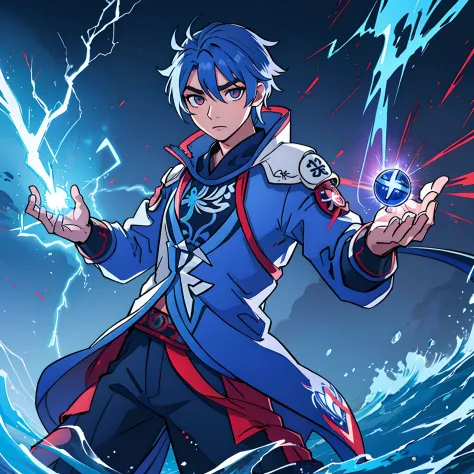 Modelo genshin impact, masculino, cabelo azul, olhos vermelhos, efeito de raio,in sky, roupas top, magic background, lightning p...