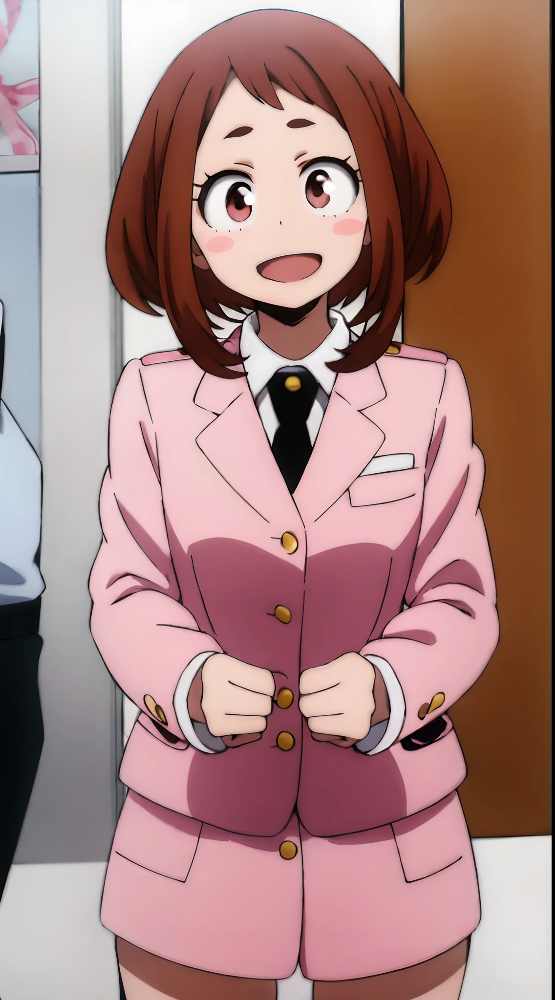 ochaco_uraraka, 1girl, solo, pink skirt suit, necktie, blush_stickers, pink pencil skirt, open_mouth, looking_at_viewer, smile, pink blazer, :d, long_sleeves, teeth, shirt, white_shirt, blush, standing, indoors, office, full_body, high_heels