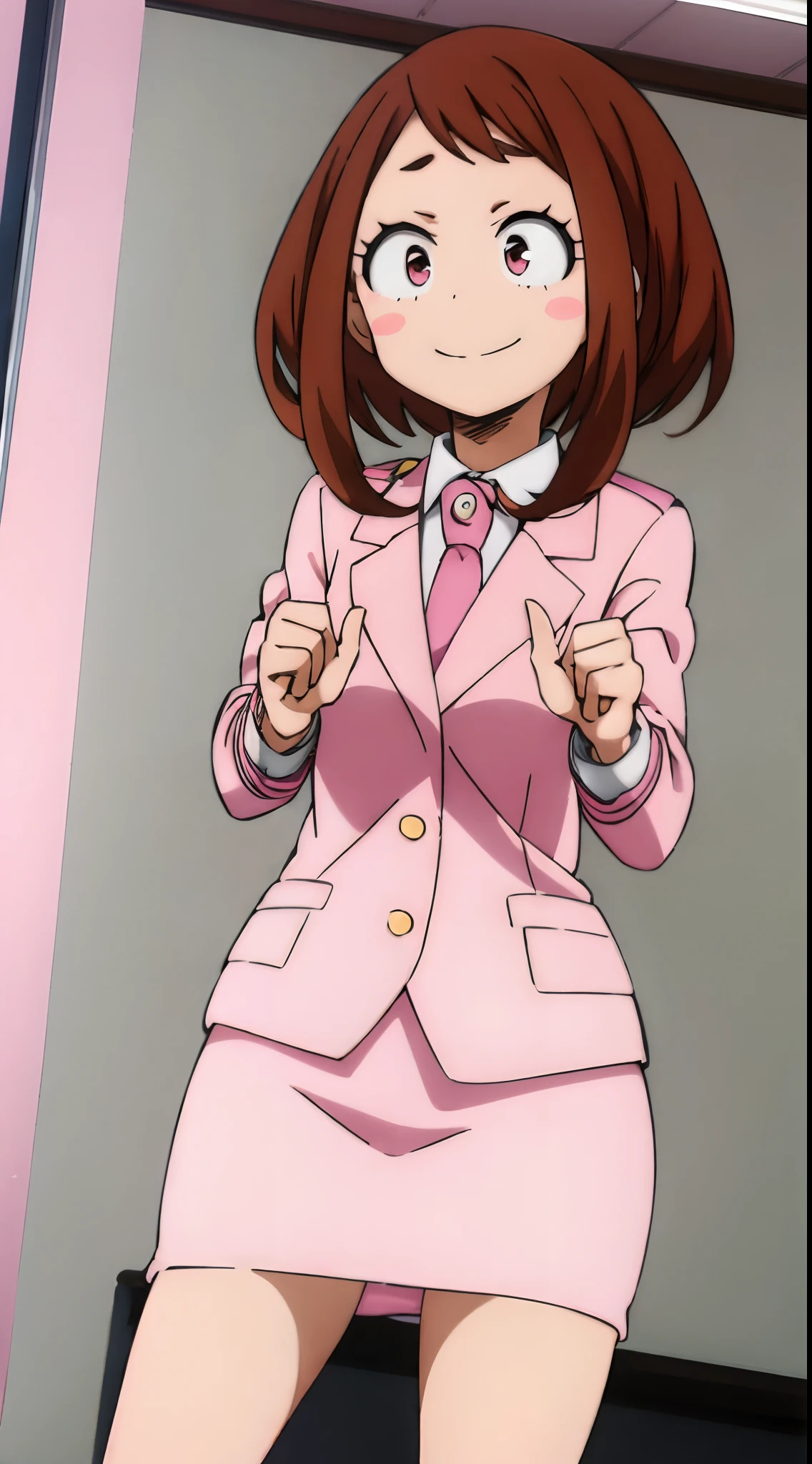 ochaco_uraraka, 1 chica, solo, traje de falda rosa, corbata, rubor_Pegatinas, falda lápiz rosa, sonrisa, chaqueta rosa, mangas largas, blanco_camisa, rubor, de pie, adentro, oficina, lleno_cuerpo, alto_tacones