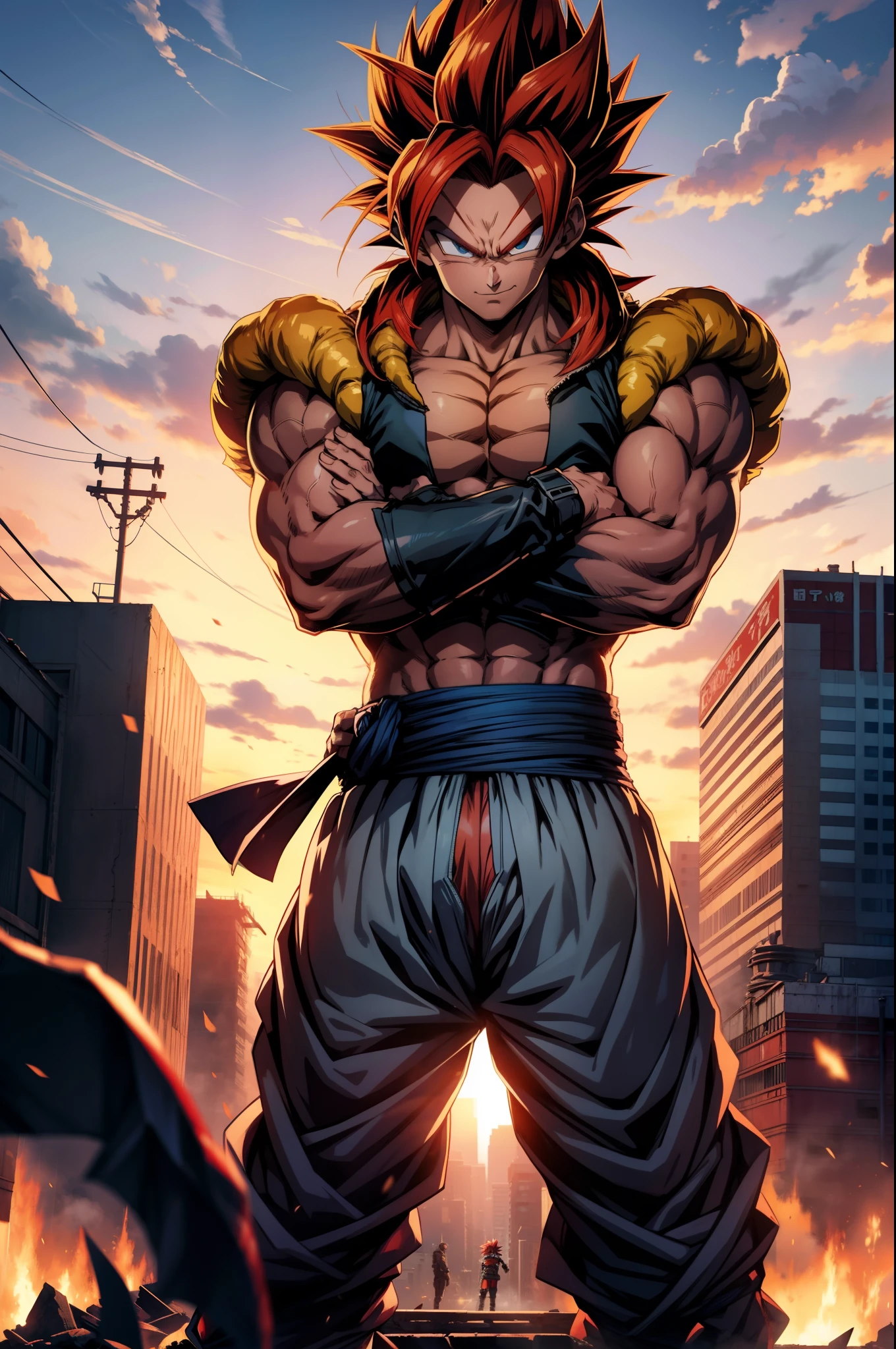 1boy, full body view, hovering in the air, gogeta, Anime, High Detailed, badass, (crossed arms), Confident Smile, muscular, (body_fur, red_fur:1.2), spiky hair, red hair, background: A destroyed city with a Beautiful blue sky with white clouds in back, anime style, add_detail:0,5, anime, akira toriyama, inspired by Akira Toriyama