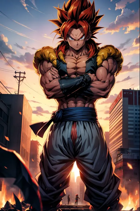 1boy, full body view, hovering in the air, gogeta, anime, high detailed, badass, (crossed arms), confident smile, muscular, (bod...