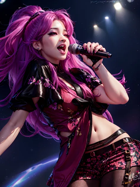 Araffe girl with pink hair and a microphone in hand, Portrait of female Korean idol, Estrela coreana do KPOP, 韓国アイドル, vocalista,...