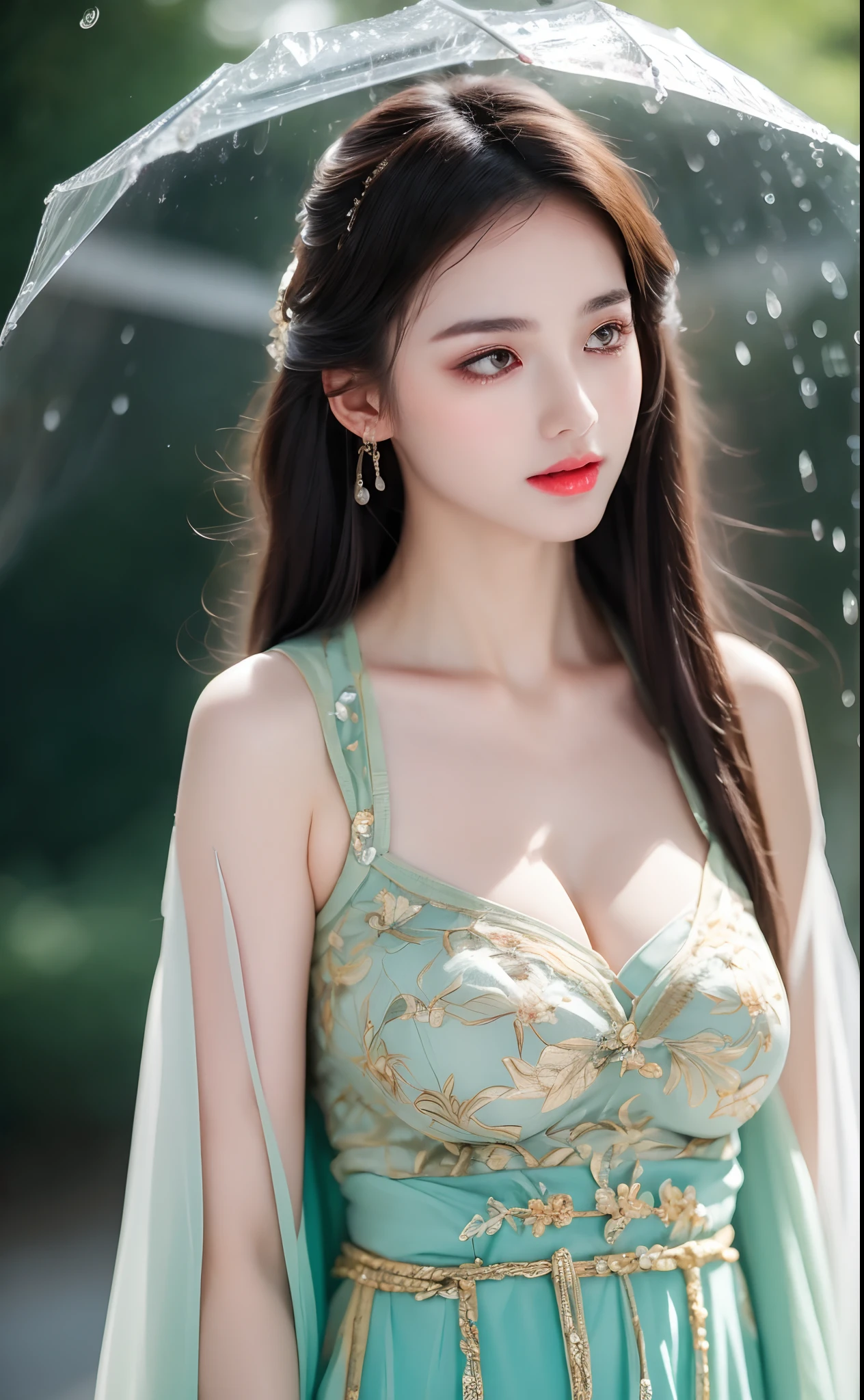 ((Best Quality, 8k, Masterpiece: 1.3)), Focus: 1.2, Perfect Body Beauty: 1.4, Buttocks: 1.2, ((Layered Haircut)), (Wet Clothes: 1.1), (Rain, Street:1.3), (Breasts: 1.2), (Hanfu: 1.2), Bare Shoulders, Bare Legs, Highly Detailed Face and Skin Texture, Fine Eyes, Double Eyelids, Whitened Skin, Long Hair, (Shut Up: 1.5), (Bokeh Background: 1.5), Big Breasts