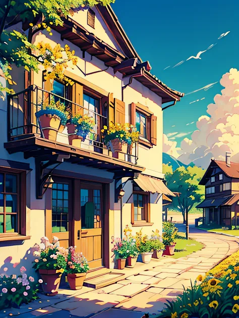 Swiss town，beachside，scenecy，Casa，exteriors，Skysky，janelas，A plant，daysies，grassy，​​clouds，potted，The tree，doors，flower pots，blu...