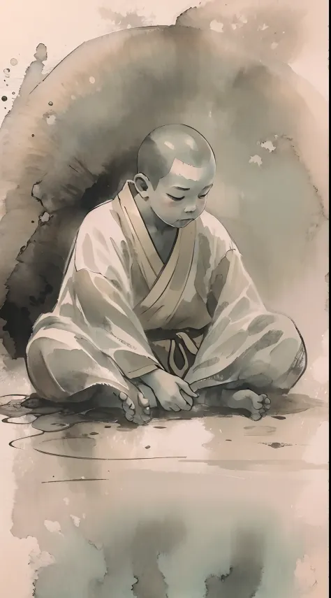 A 3-year-old baby boy monk，Wide robe，Meditate，ink wash style，water ink，ink，Smudge