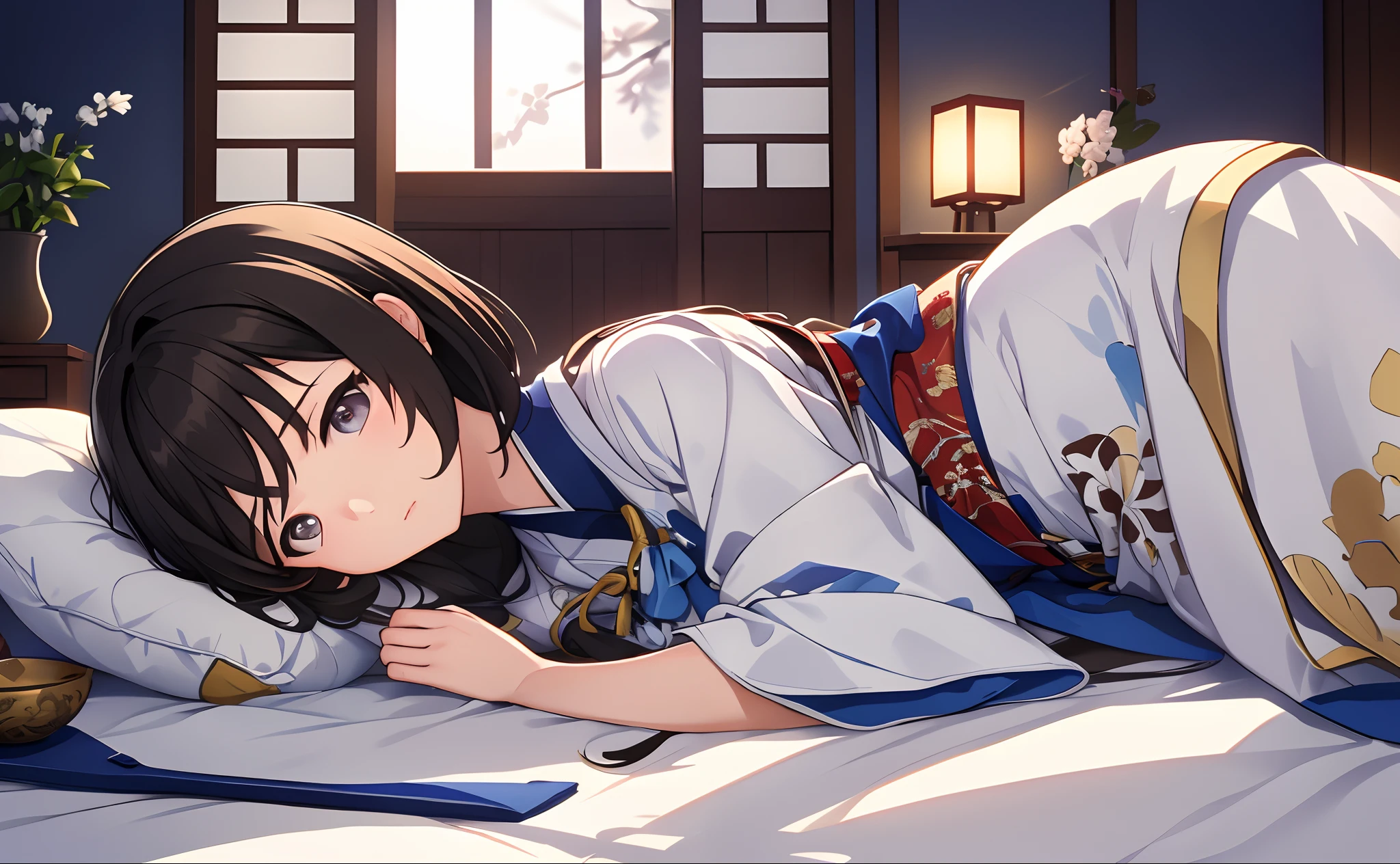 Masterpiece, Professional lighting, photon maping, Radio City, Physically-based rendering,1girll, full bodyesbian,Full of confusion, A high resolution,(Hanfu, Ming style),Just woke up,Lie down in bed,In an ancient boudoir