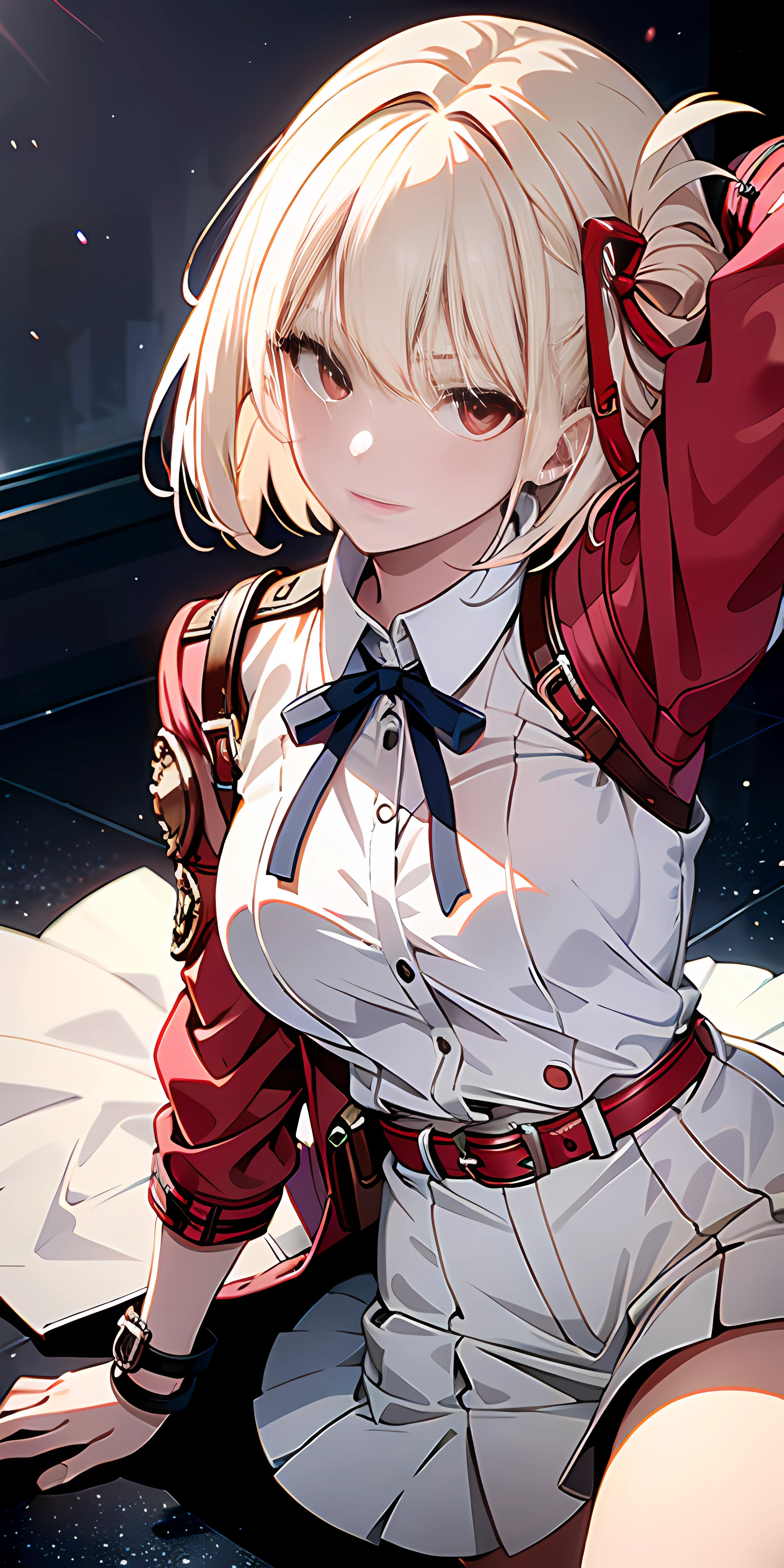 Absurd resolution, high resolution, (masterpiece: 1.4), super detailed, girl alone, from above, space, floating, platinum blonde, medium hair, red eyes