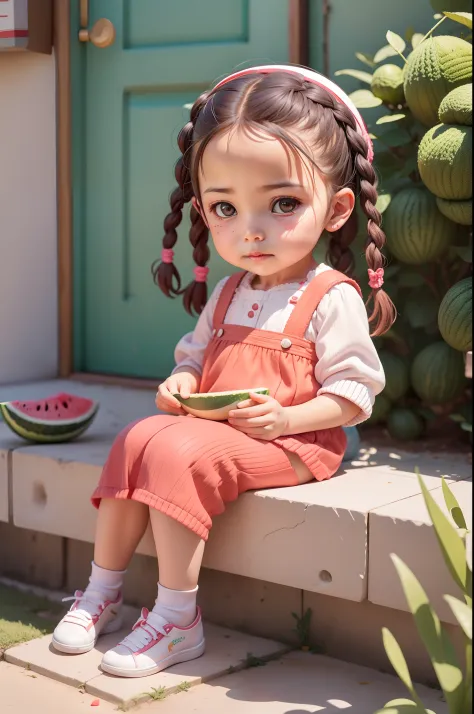 On a sunny afternoon，On the doorstep，A little girl eating watermelon sits next to her grandmother，The little girl was cute，Comb ...