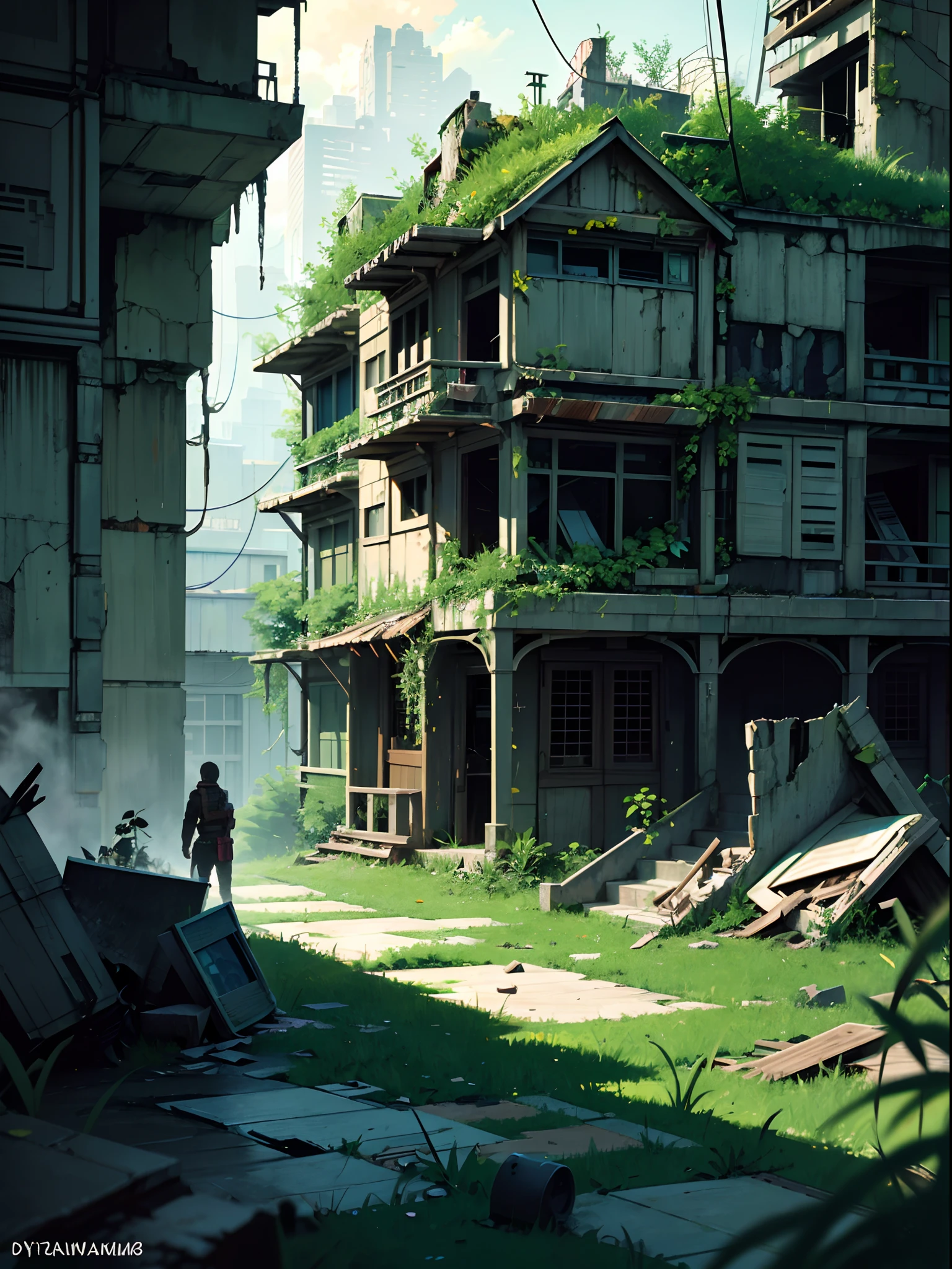 （Overgrown abandoned city），Destroyed cities，Dilapidated city，worn-out，ruins，with dynamism，Extremely colorful，an overgrown，（postapocalyptic：0.8），Natural recycling，Green，Idyllic，exalted，hoang lap，Ultra-realistic realism，Textured，max detail，SLR