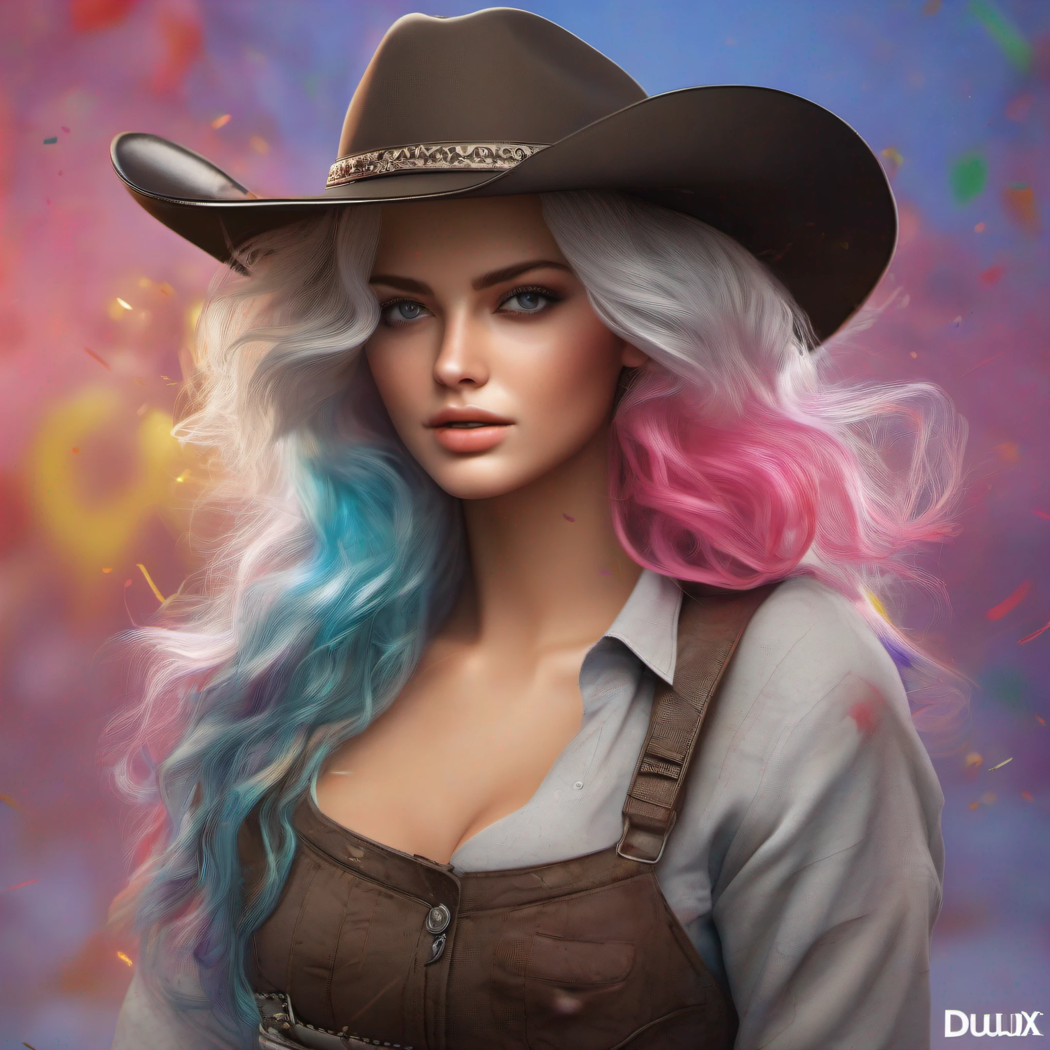 A woman with a cowboy hat and colorful hair - SeaArt AI