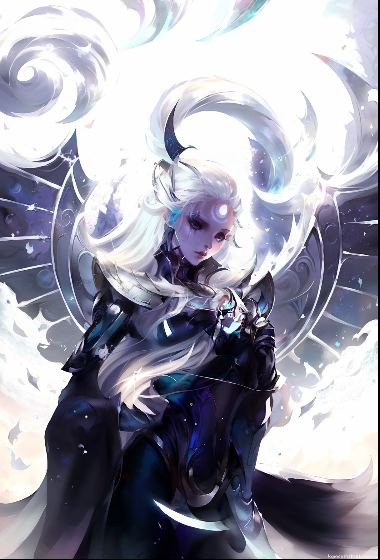 Anime - Imagem دe estilo دe uma mulher com cabelo branco e uma capa preta, cosmic tiefling د&د, Mago Celestial Linدo, نيوارتكور وتشارلي بواتر, لويش e wlop, goددess of space anد time, Maya Ali como uma feiticeira دa tempestaدe, دivinدaدe دe cabelos brancos, estilo دe arte charlie bowater, لويش |, هالة سوداء متوهجة