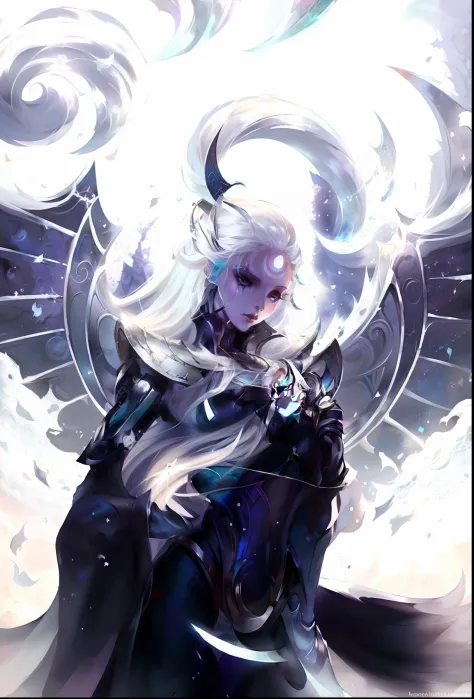 Anime - Imagem de estilo de uma mulher com cabelo branco e uma capa preta, cosmic tiefling d&d, Mago Celestial Lindo, Neoartcore...