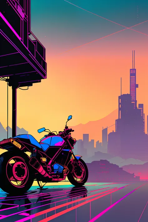 (nvinkpunk:1.2) snthwve style motorcycle, light wave, sunset, intricate, very detailed