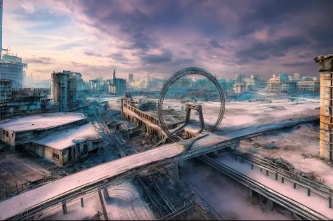 Abandoned cities，There is no life look，epic realistic, (hdr:1.4), (pastel colour:1.4), Apocalypse, freezing, Abandoned, com core...