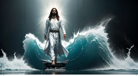 Jesus walking on water in the midst of a storm, obra-prima, melhor qualidade, alta qualidade, papel de parede 8k de unidade CG e...