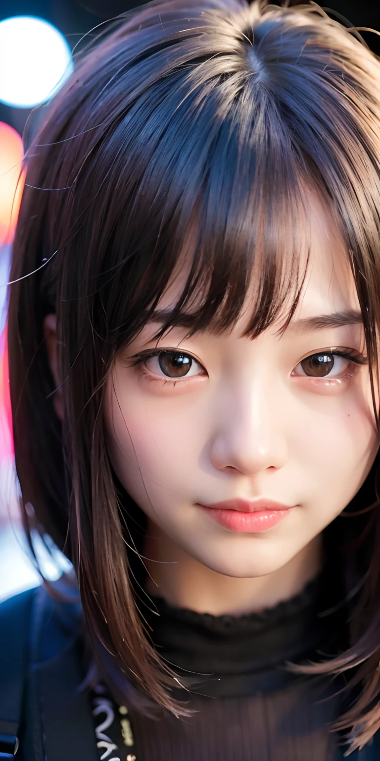 1girl, Tokyo street,night, cityscape,city lights,upper body,close-up,smile,, (8k, RAW photo, best quality, masterpiece:1.2),(realistic, photo-realistic:1.37),