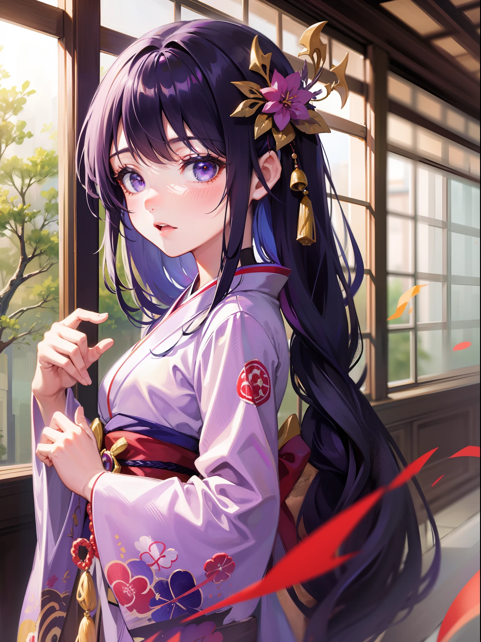 Schön [[Schön Japan]] Mädchen mit langen [[langes schwarzes Haar]] trägt ein Anime-Mädchen im Kimono-Stil, Kuro Yuzen