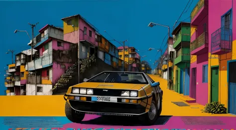 pintura de alta qualidade, DeLorean com equipamentos futuristas, voando sobre a favela do Rio de Janeiro, , detalhes realistas, por XYZVMoscoso.