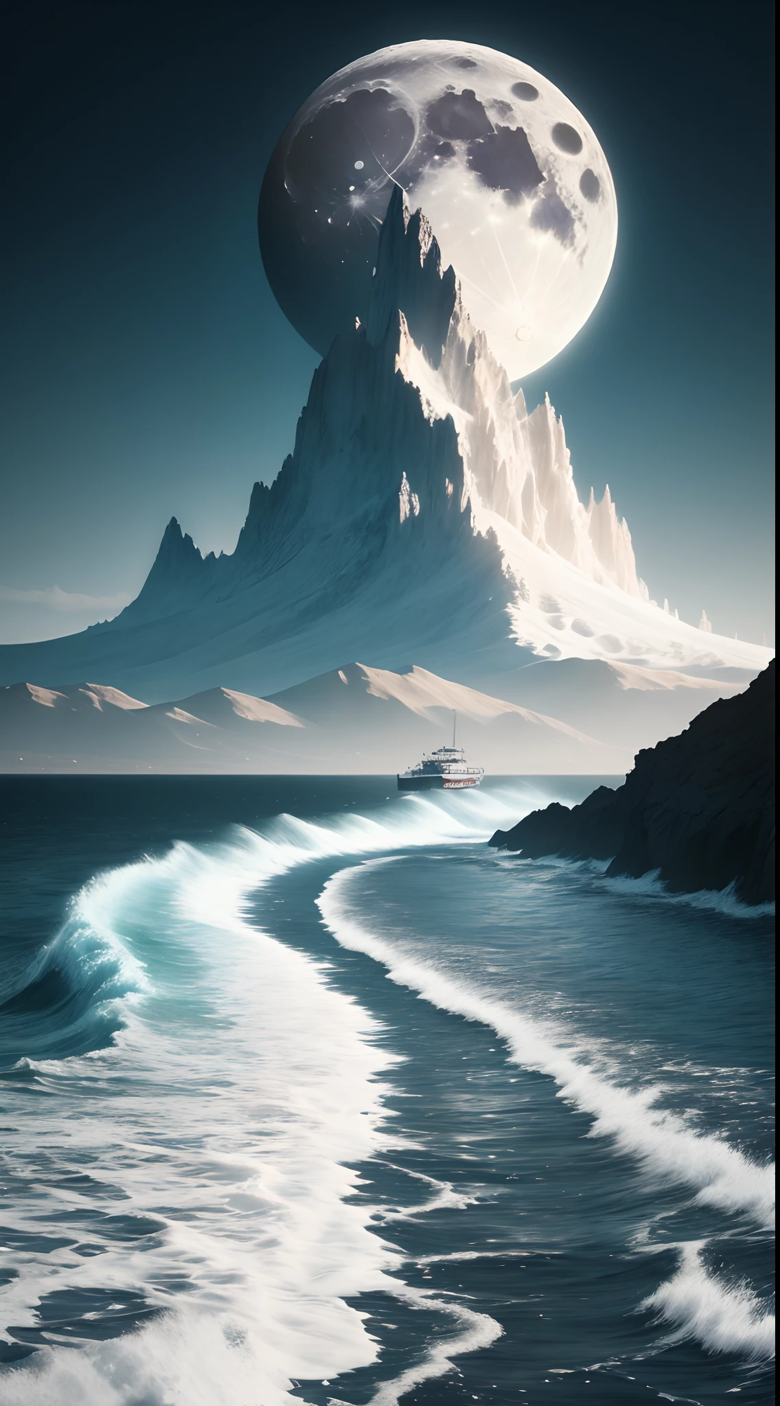 winning artwork，extreme beautiful，8k wallpaper，White Moon，perfect compositions，Shocking months，the sea