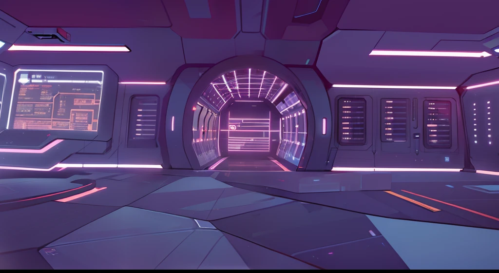 eine Science-Fiction-Darstellung eines Holodeck-Raumeingangs im Star-Trek-Stil, Serverraum, Raumschiff-Innenraum, Neon-Ästhetik, atmosphärisch, geheimnisvoll, Science-Fiction