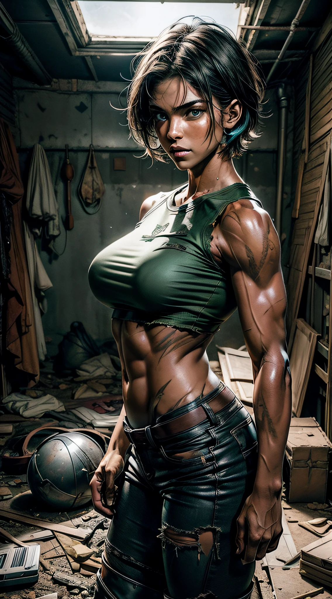 8k, realistic, vray, HDR, 1girl, extremely strong, well defined body, bodybuilder body, big breasts, small waist, dark skin tone, well detailed skin, skin texture, ((green eyes)), (short white hair) , body showing several scars, a lot of sweat, tight t-shirt, (some torn rags covering the body), tight micro shorts, boots, dynamic pose, in a large abandoned angar, apocalyptic image, serious expression, image as the basis of a survival character apocalyptic, environmental detail, dust.