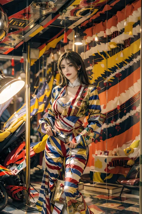 Imagen de cuerpo completo. A woman dressed in a strange striped suit made of silk. She is in a beautifully decorated and modern room. With excellent lighting. Image taken with Sony evil alpha one camera and Sonnar T FE 55 mm F1,Lente 8 ZA. (La mejor calida...