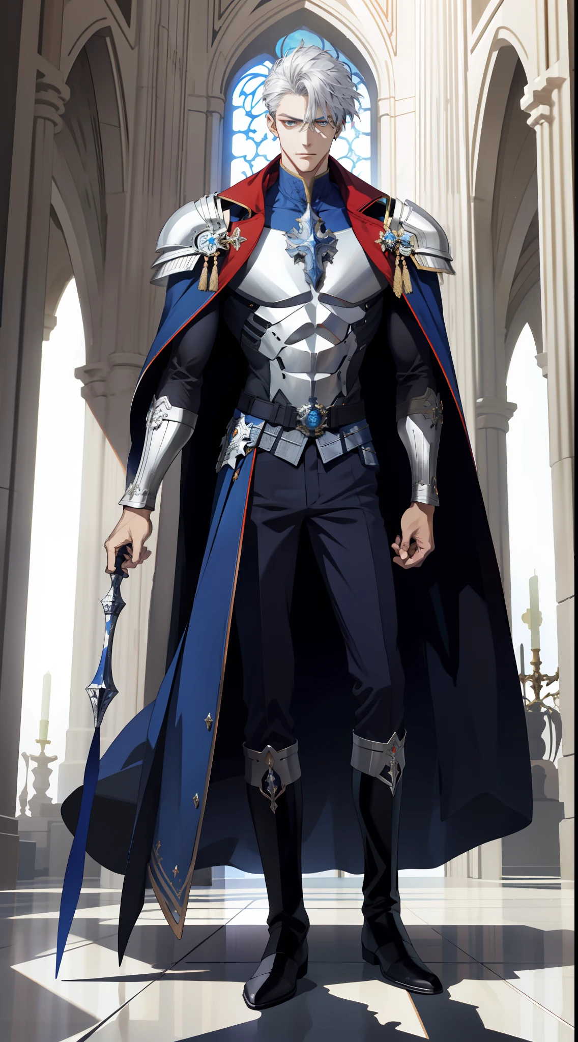 （absurderes，A high resolution，ultra - detailed），1male people，AS-Adult，handsome，Tall muscular man，a broad shouldered，Fine and detailed eyes and detailed face，blond hairbl，cavalier，Blue-silver heavy armor，Red cape，Blue helmet，Black boots，Black pantsuit，sankta，cathedrals，religion，exalted，battlefiled，standing on your feet，Full body photo