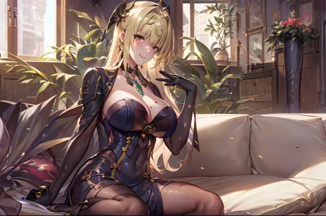 masutepiece, Best Quality, extra detailed face, Sharp details, Perfect Lighting,(Finer details:1.1),1人の女性,Solo, (huge-breasted:1.2), Choker,blush, Looking at Viewer, Mole, (Mole under the eyes:1.1),cleavage, Thigh, sideboob barbosa, Black Gloves, (china dr...