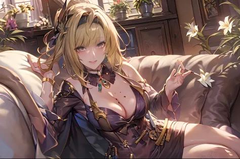 masutepiece, Best Quality, extra detailed face, Sharp details, Perfect Lighting,(Finer details:1.1),1人の女性,Solo, (huge-breasted:1.2), Choker,blush, Looking at Viewer, Mole, (Mole under the eyes:1.1),cleavage, Thigh, sideboob barbosa, Black Gloves, (china dr...