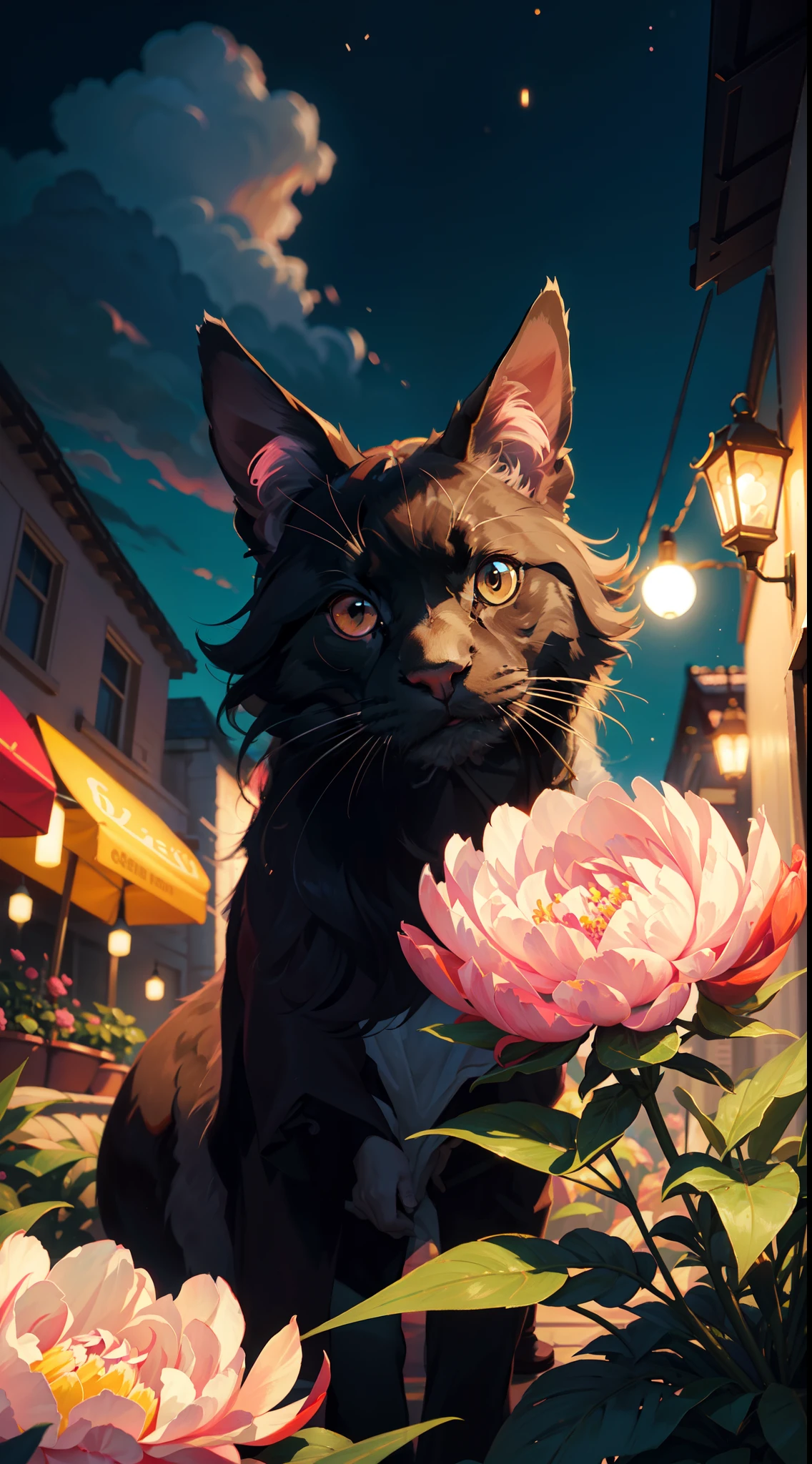 DreamShaper:3.2, Photography, BotanicalUSA,  Peonies, a black red maincoon, neon clouds, soft Light, bokeh , macro, no add human, no add hand, macro