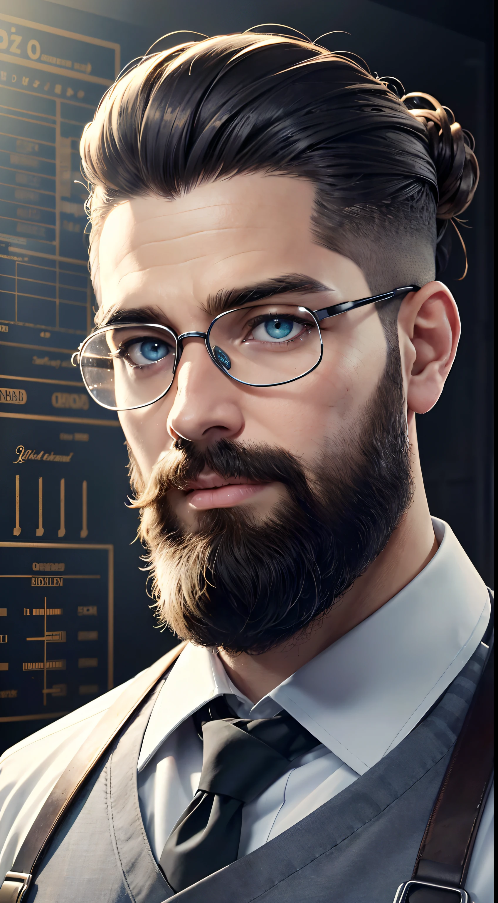 RAW photo, a Worm's Eye Angle photo,best quality, masterpiece, 1 man,  (male:1.1), beard, solo, turquoise eyes, gray fade with beard, portrait, looking at viewer, solo, (full body:0.6), detailed background, detailed face, (1940s dieselpunk theme:1.1), inventor, safety-goggles, shirt, science,  fantastical science lab in background, biology,   virology, surgical mask,  autoclave, dna, blackboard,   , flower on head, triple bun, Nikon Coolpix P500, tenebrism, (Dreamworks:1.05),hands on face, :d,busty,(high detailed skin:1.2), 8k uhd, dslr, soft lighting, high quality, film grain,Aftereffects,(30 y.o.)