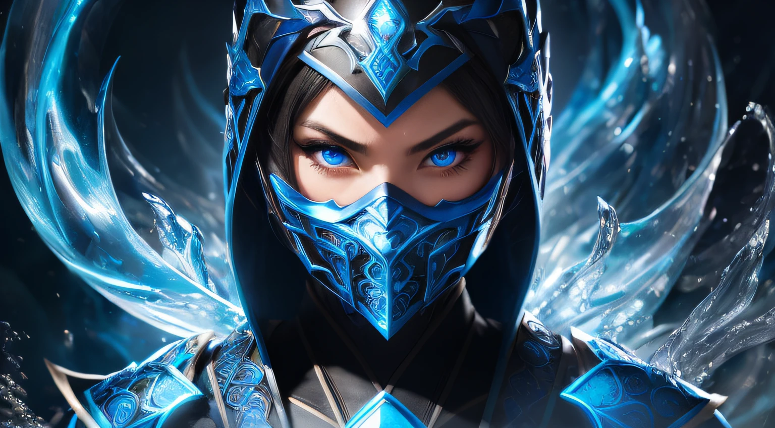 1girl, portrait of female cute mksubzero battle with group of ninja, glowing blue eyes, ice, blue, cold, energy, aura, swirl water, ornate, detail,