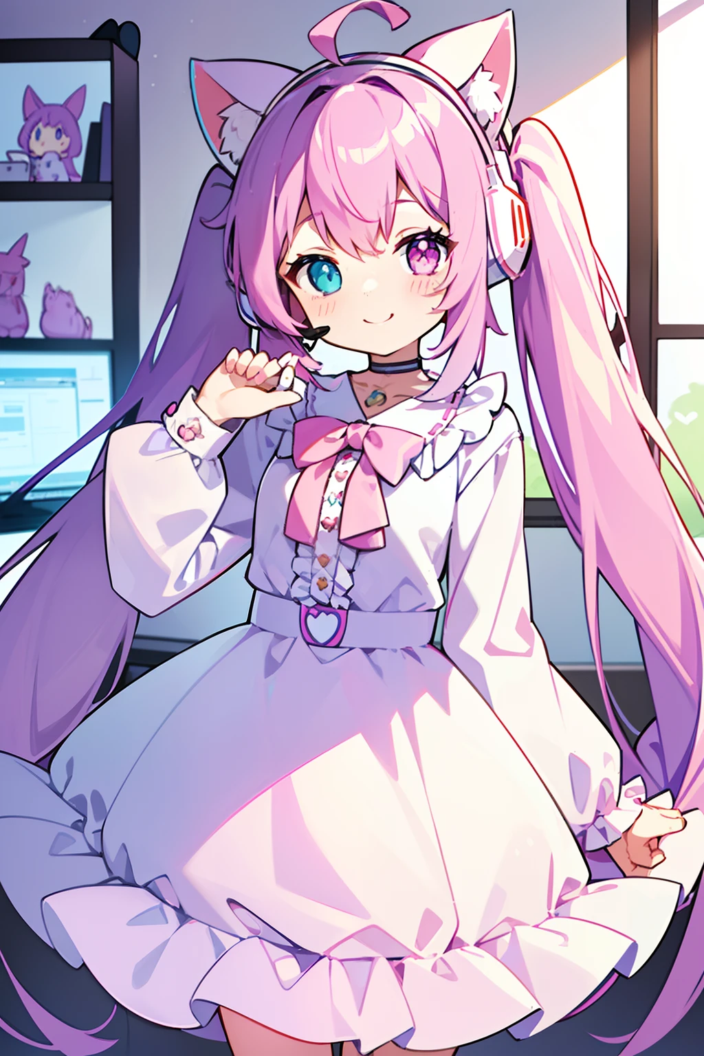 masterpiece, best quality, 1girl, solo, light purple hair, long hair, twintails, Heterochromia, ((pink right eye)), ((light blue left eye)), cute dress, long sleeves, frilled, smiling, looking at viewer, a white rabbit hair pin, ((cat ear gaming headset)), typing on the keyboard, cute mouse, in the room, computer, laughing