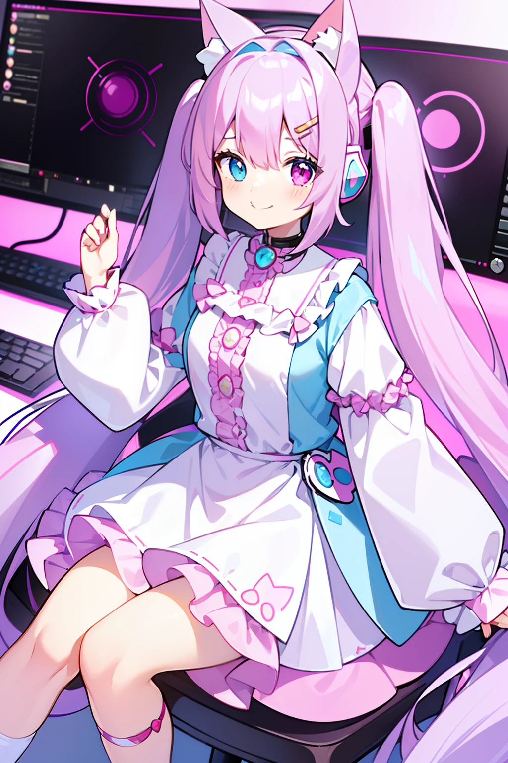 masterpiece, best quality, 1girl, solo, light purple hair, long hair, twintails, Heterochromia, ((pink right eye)), ((light blue left eye)), cute dress, long sleeves, frilled, smiling, looking at viewer, a white rabbit hair pin, ((cat ear gaming headset)), in the room, (computer monitor), laughing, sitting on the chair