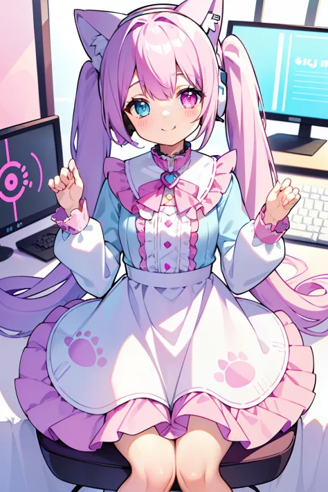 masterpiece, best quality, 1girl, solo, light purple hair, long hair, twintails, heterochromia, ((pink right eye)), ((light blue...