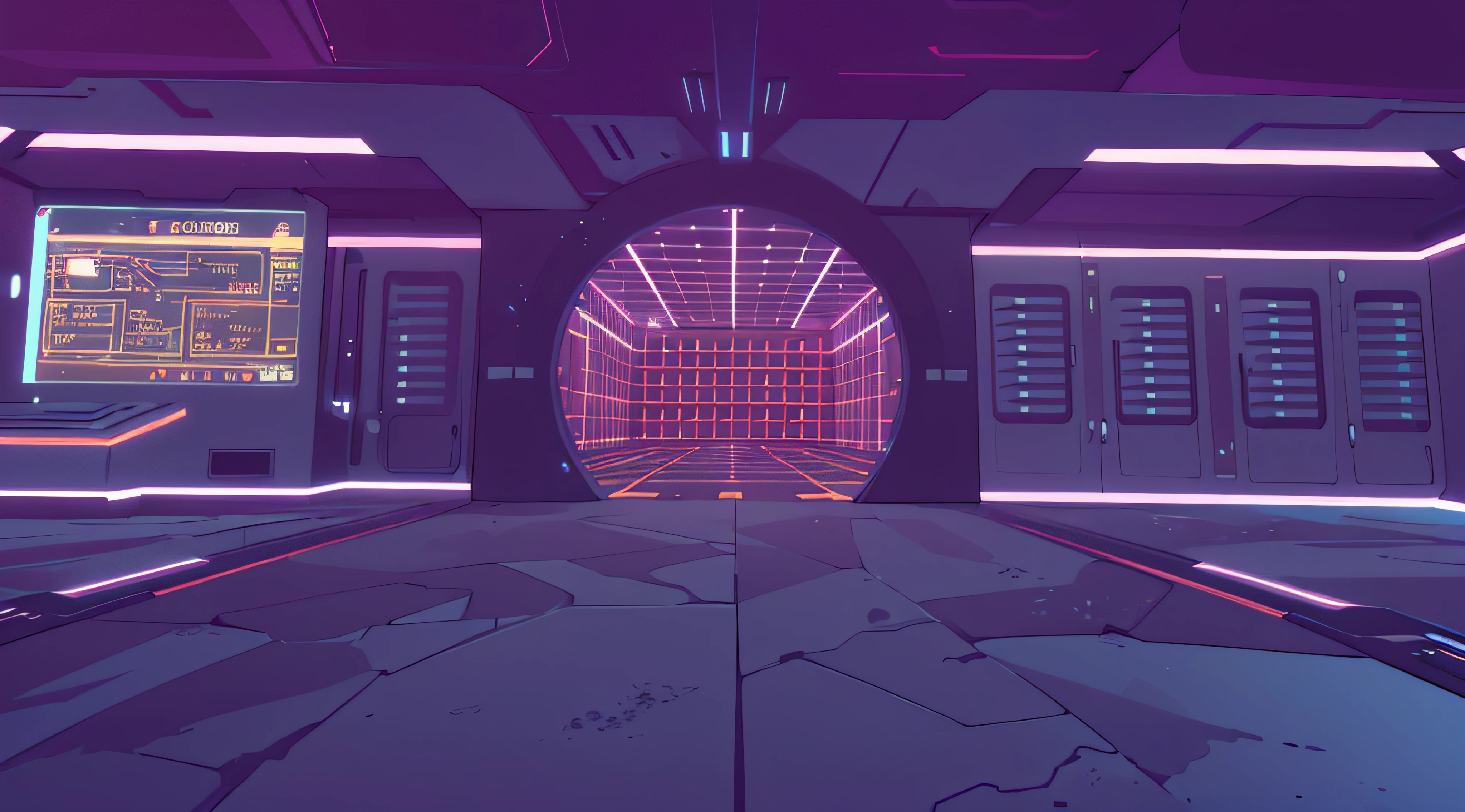 a science fiction rendering of a ((star-trek)) style ((holodeck)) room entrance, server room, spaceship interior, neon aesthetic, (atmospheric), mysterious, scifi, (holodeck grid), (futuristic), doorway, ominous