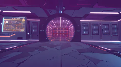 a science fiction rendering of a ((star-trek)) style ((holodeck)) room entrance, server room, spaceship interior, neon aesthetic...