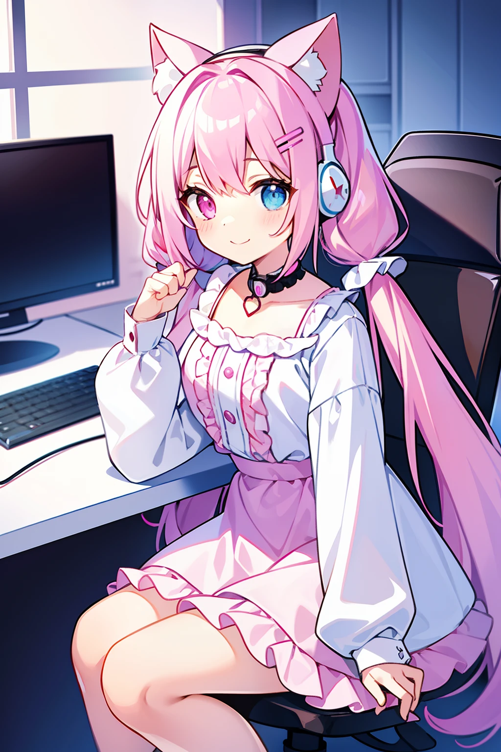 masterpiece, best quality, 1girl, solo, light purple hair, long hair, twintails, Heterochromia, ((pink right eye)), ((light blue left eye)), cute dress, long sleeves, frilled, smiling, looking at viewer, a white rabbit hair pin, ((cat ear gaming headset)), in the room, (computer monitor), laughing, sitting on the chair, hide one's hand