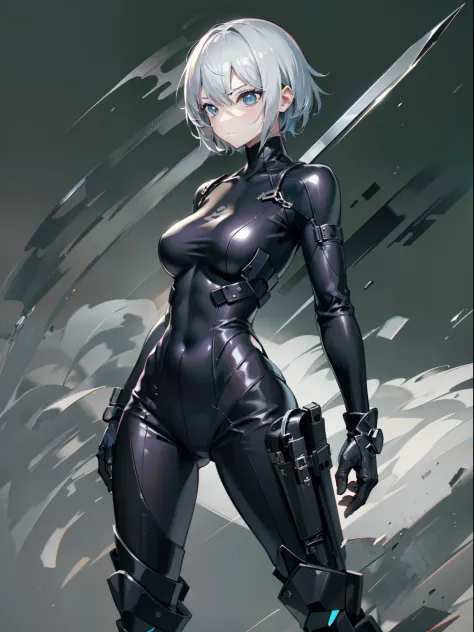 one-girl，solo photos，a picture，front lens，black tight combat suit，black mask，with short white hair，a rare slim waist，with a silv...