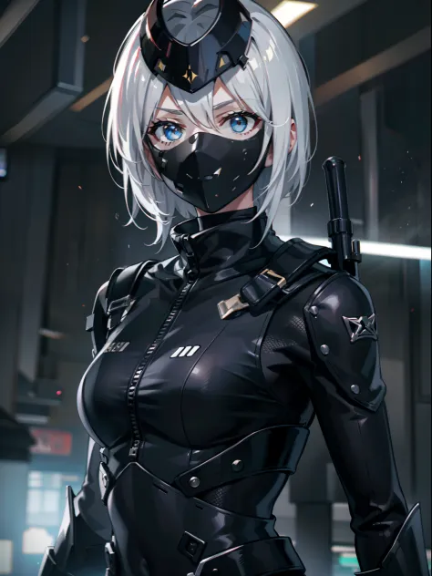 one-girl，solo photos，a picture，front lens，black tight combat suit，black mask，with short white hair，a rare slim waist，with a silv...