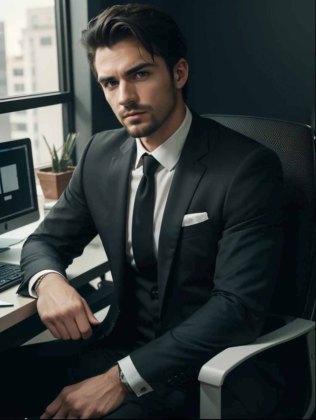 ((half body)) Photo RAW Ceo Man sitting in an office chair, wearing black suit,  movie scene, (Impeccable) ,Serious and elegant man, , with thick male eyebrows, (with mysterious and serious face,) short dark hair, dark black background image, elegant, ( high quality and realistic image), ((Best Quality, 8k, Masterpiece), Dark grading,hansome man