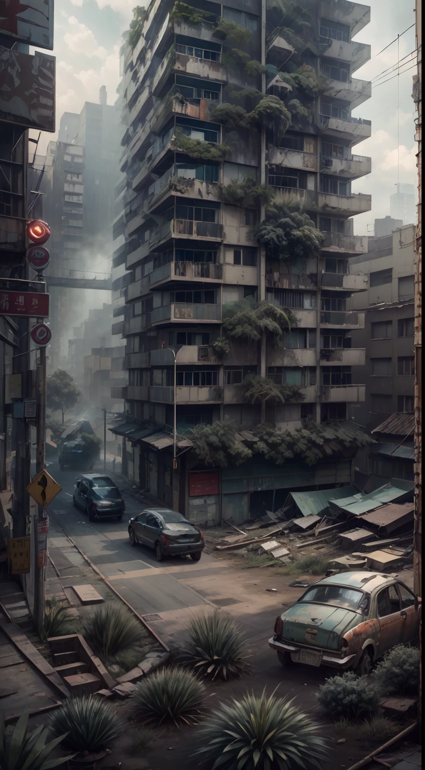 ville abandonnée, avec des couleurs neutres, brumeux，La verdure rampe sur les bâtiments abandonnés de la ville, tournage de cinéma, Contexte urbain complexe,silencieusement，ombragé， Murs tachetés，Bâtiments rouillés de la rue，feu de circulation，Cerfs sauvages courant, Voiture rouillée abandonnée, Boutique délabrée, ruines, surréalisme, Clair-obscur, éclairage cinématographique, mélange, encart projeté, hyper HD, super détail, détails élevés, dans une vue panoramique，Angle de prise de vue du drone，haute qualité, Une haute résolution, 8k, précis