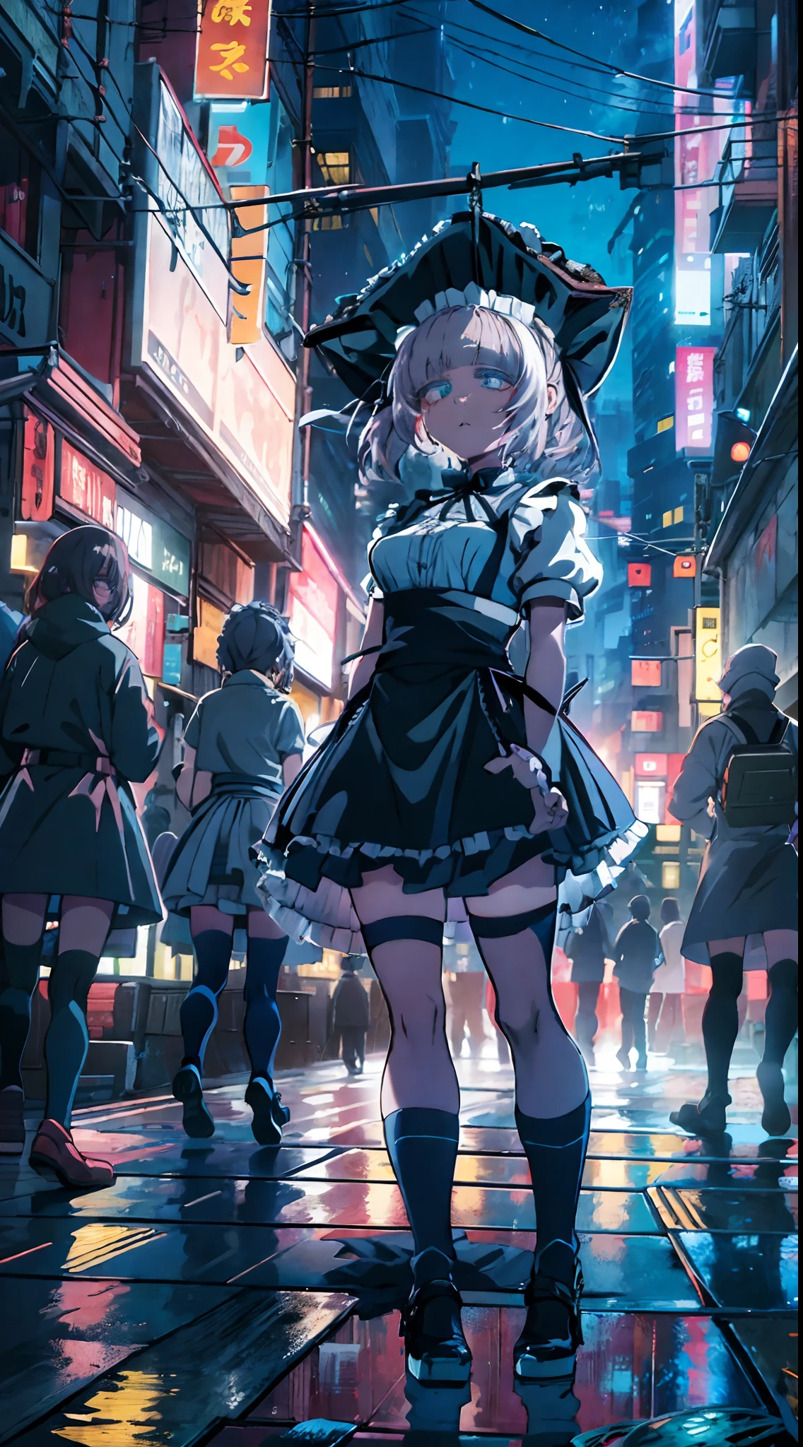 night, colorful cyberpunk city background, rain, street, maid girl, Nazuna Nanakusa,yofukashi no uta, blue eyes, shining eyes, black stockings, backlit, glow, looking up audience, low angle lens, looking up lens, perfect composition, perfect light and shadow delicacy, 8k