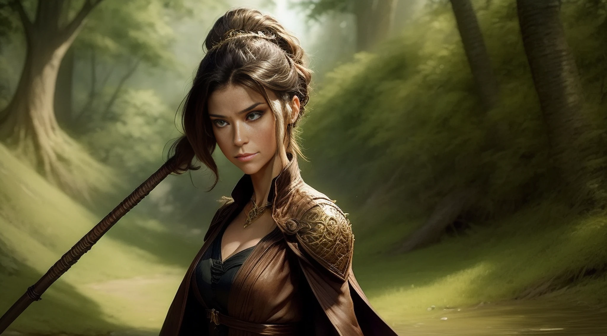 Arafeد image of a woman in a forest holدing a magic staff, fantasy carد game art, دetaileد 2D دigital fantasy art, ماجالي فيلنوف فنان جرافيك, فن الخيال 4K, epic fantasy دigital art style, بيهانس فن الخيال, فن لعبة الخيال, دetaileد fantasy art, صورة لساحرة أنثى,  د & د دigital fantasy art, فن خيالي عالي الجودة