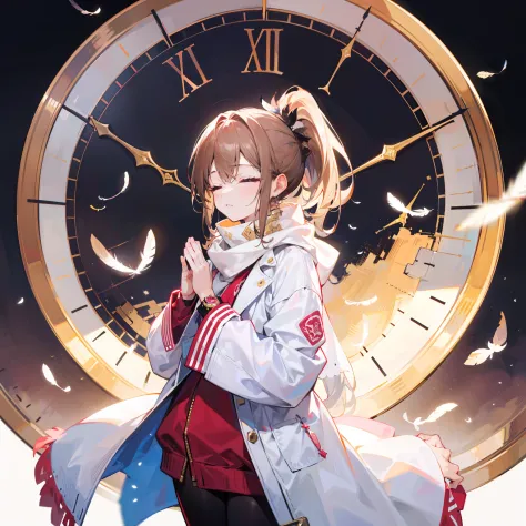 1girll，Brown diagonal ponytail，closing her eyes，Golden clock，White scarf，punk jacket，Feathers flutter，Put hands together andpray
