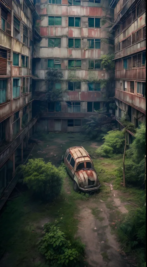 Cidade abandonada, com cores neutras, Foggy，Greenery crawls over abandoned city buildings, cinema shot, Complex urban background...