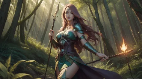 Arafed image of a woman in a forest holding a magic staff, fantasy card game art, detailed 2D digital fantasy art, Magali Villen...