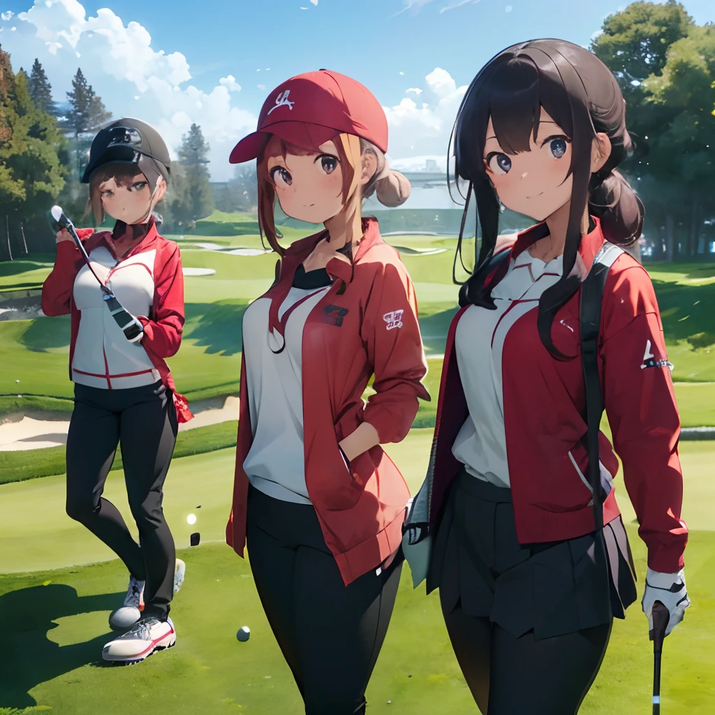 masutepiece, Best Quality, 8K_Wallpaper, (Beautiful eyes), ((Cute)), Cute, (lovely), (Golf course on a sunny day),1girl in,small tits,1 schoolgirl,Standing Girl,Smile,facial close-up、portlate(((Playing golf)))、(((hitting the ball out of the bunker)))、((Golf Wear、Red jacket、Black pants))、