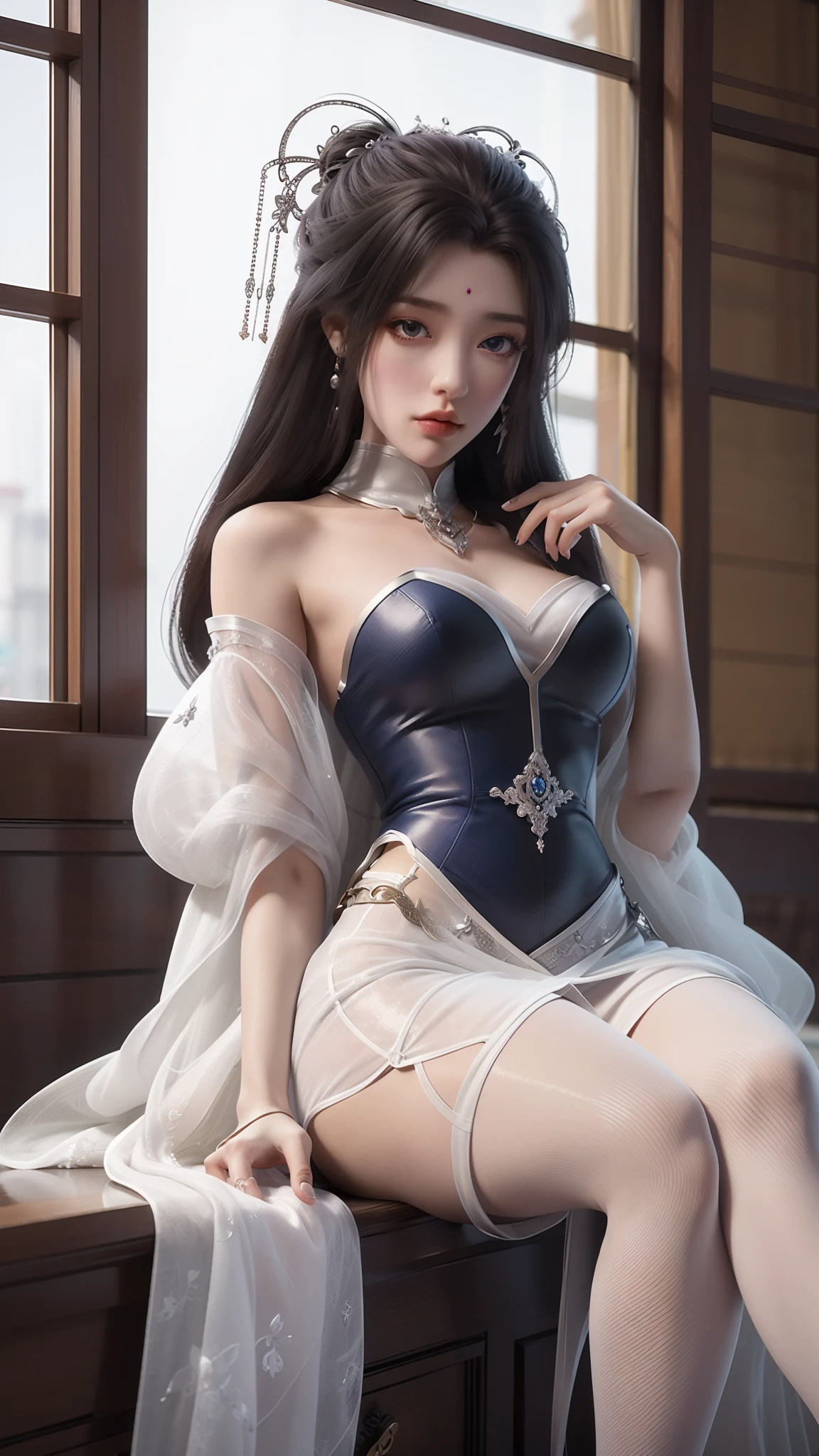 Arad woman in blue dress sitting on windowsill, cute anime waifu in a nice dress, trending on cgstation, 8K high quality detailed art, anime barbie in white stockings, highly detailed exquisite fanart, Extremely detailed Artgerm, the anime girl is crouching, flowing magical robe, beautiful and seductive anime woman, WLOP and Sakimichan