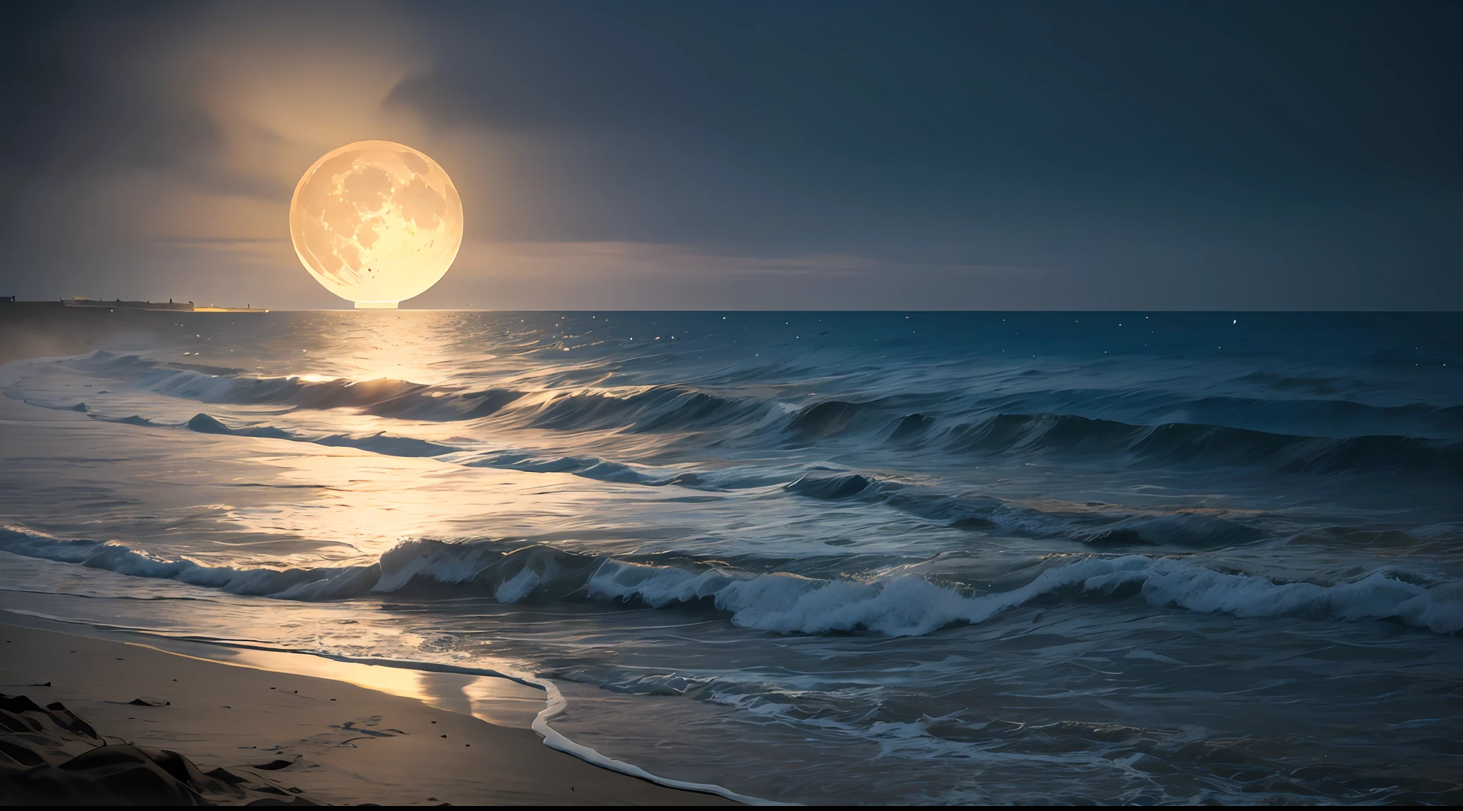 (noite de lua cheia),(na praia,Ondas quebrando),(iluminação dramática),(silhuetas),(areia cintilante),(ambiente tranquilo e relaxante), Centenas de lanternas de papel no céu, muitas lanternas lindas de papel no céu, linda lua enorme